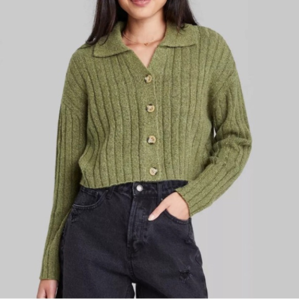 Wild Fable | Olive Button-Up Cropped Cardigan size XS